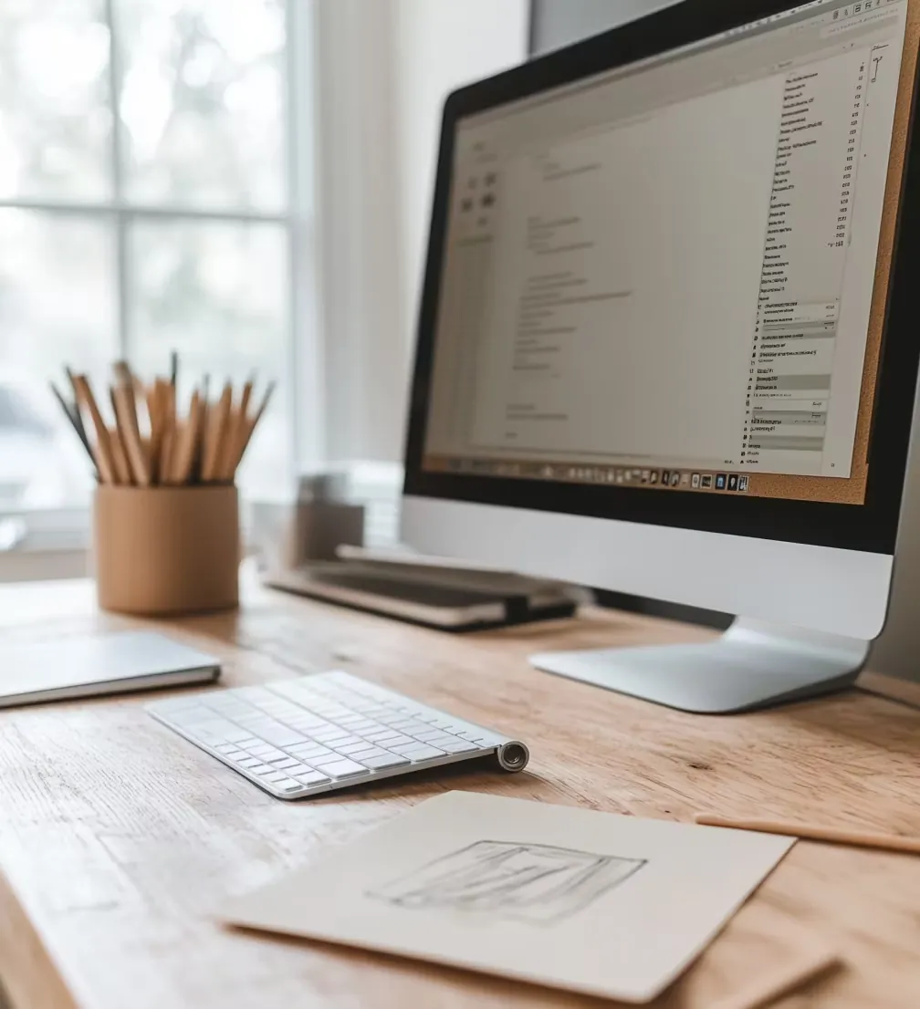 Werkplek met een iMac, potloden en schetsen op een houten bureau