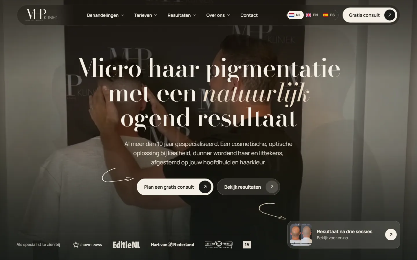 Nieuwe website van MHP Kliniek: grote kop, knop voor een gratis consult en resultaten in beeld